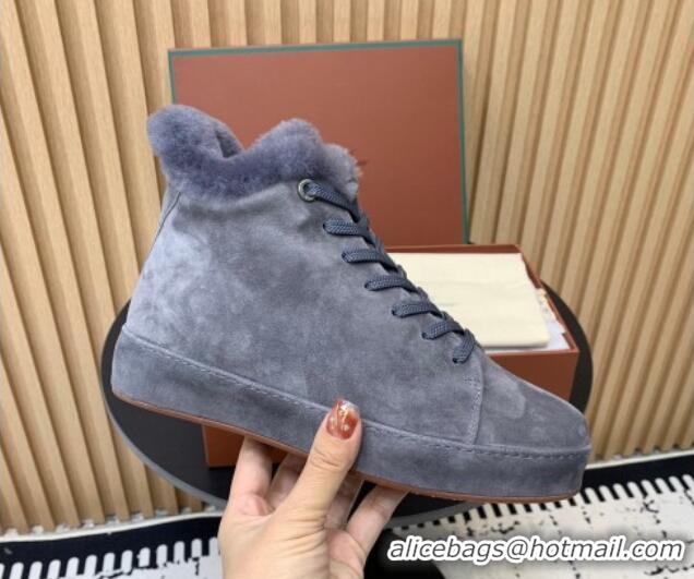 Classic Hot Loro Piana High top Sneakers in Suede and Wool Fur Dusty Blue 1230084