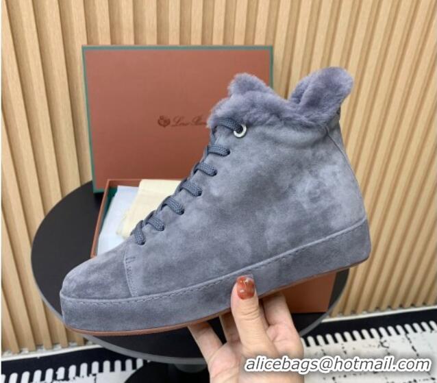 Classic Hot Loro Piana High top Sneakers in Suede and Wool Fur Dusty Blue 1230084