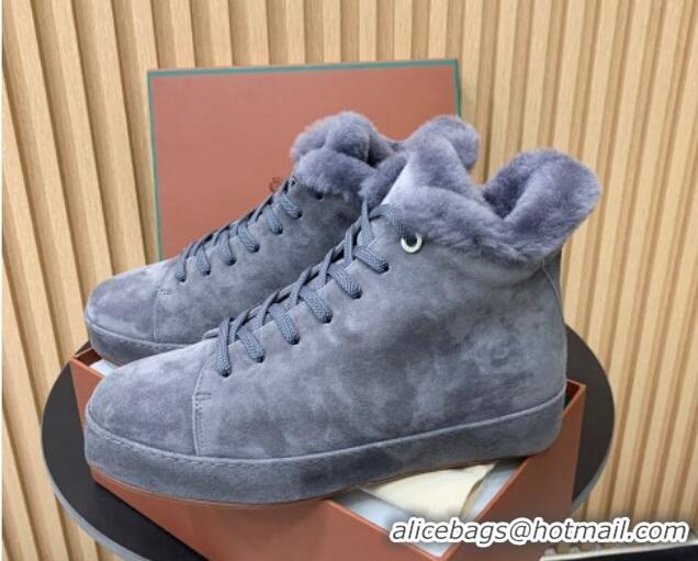 Classic Hot Loro Piana High top Sneakers in Suede and Wool Fur Dusty Blue 1230084