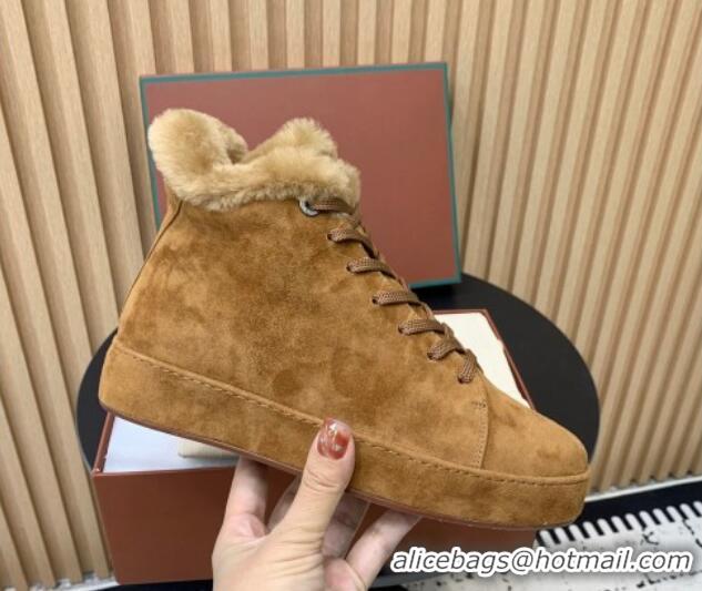 Grade Quality Loro Piana High top Sneakers in Suede and Wool Fur Brown Yellow 1230085