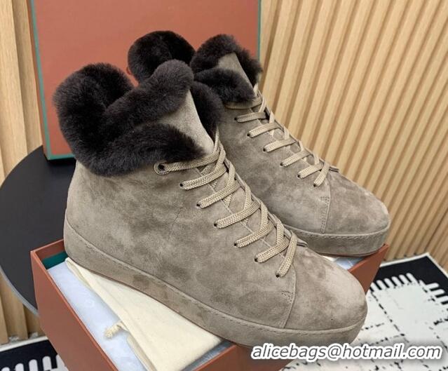 Good Quality Loro Piana High top Sneakers in Suede and Wool Fur Grey 1230086