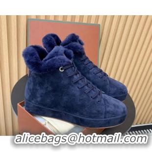 Hot Style Loro Piana High top Sneakers in Suede and Wool Fur Royal Blue 1230087