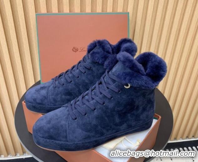 Hot Style Loro Piana High top Sneakers in Suede and Wool Fur Royal Blue 1230087