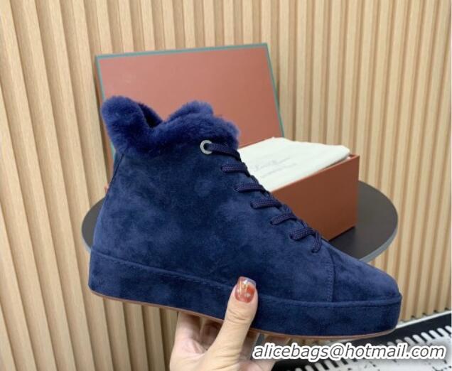 Hot Style Loro Piana High top Sneakers in Suede and Wool Fur Royal Blue 1230087