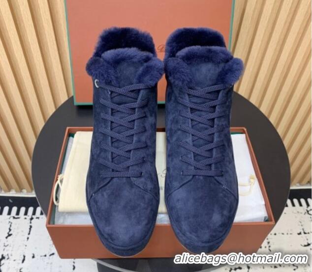 Hot Style Loro Piana High top Sneakers in Suede and Wool Fur Royal Blue 1230087