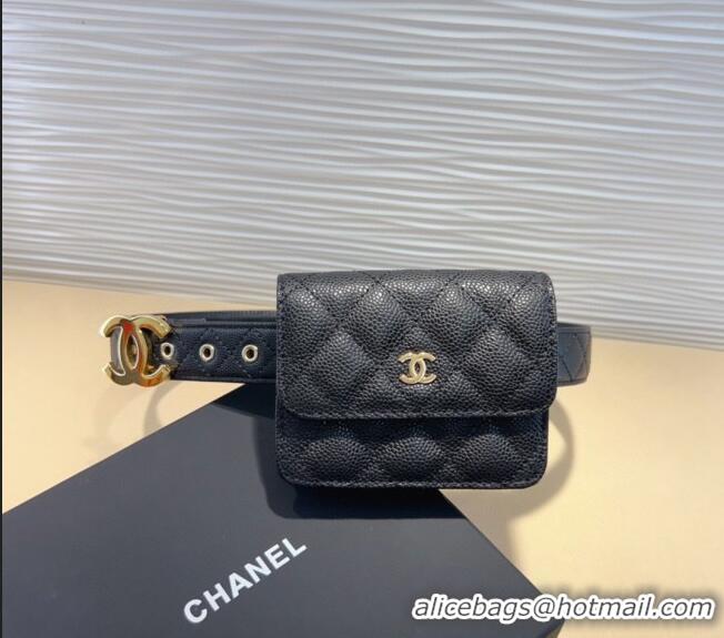 Pretty Style Chanel Grained Calfskin Leather Pouch Belt CH010908 Black 2025