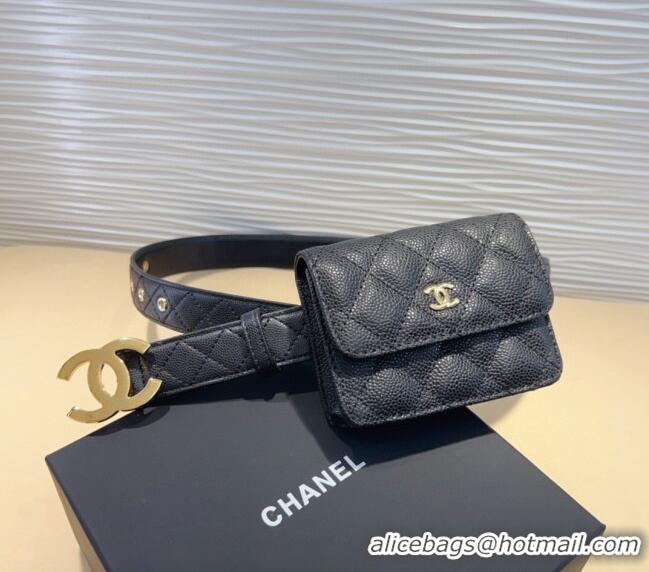 Pretty Style Chanel Grained Calfskin Leather Pouch Belt CH010908 Black 2025