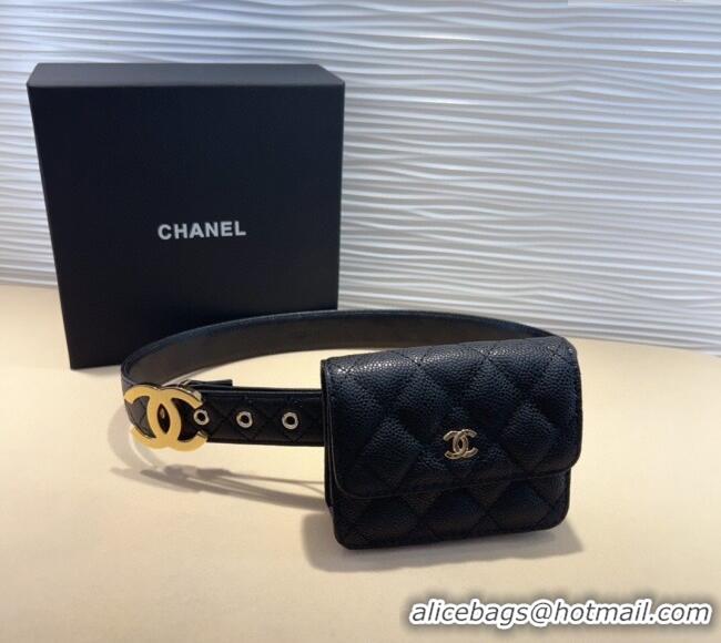 Pretty Style Chanel Grained Calfskin Leather Pouch Belt CH010908 Black 2025