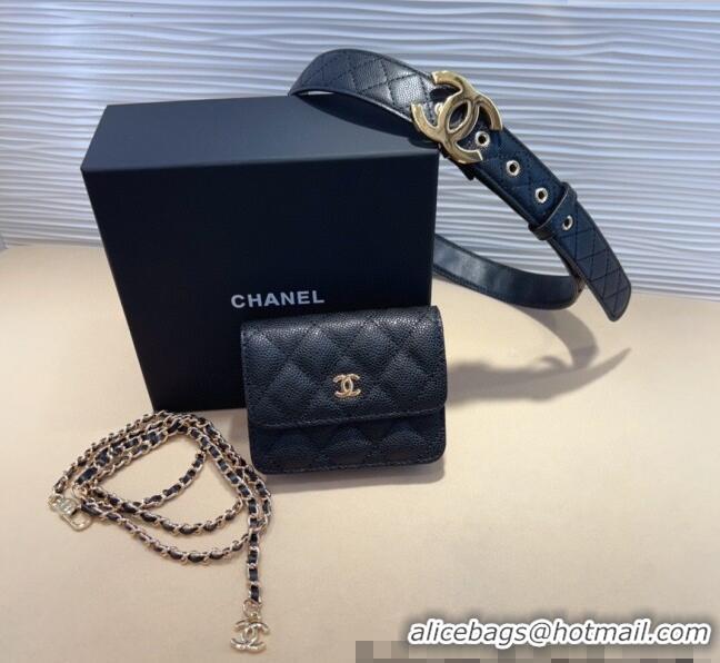 Pretty Style Chanel Grained Calfskin Leather Pouch Belt CH010908 Black 2025