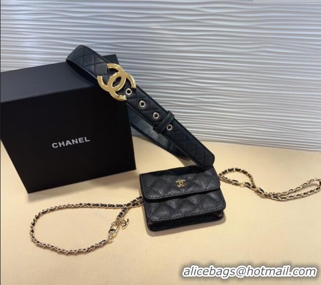 Pretty Style Chanel Grained Calfskin Leather Pouch Belt CH010908 Black 2025