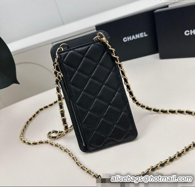 Buy Grade Chanel Lambskin Phone Holder with Chain AP0990 Black/Gold 2025