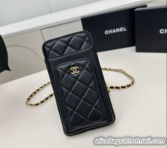 Buy Grade Chanel Lambskin Phone Holder with Chain AP0990 Black/Gold 2025