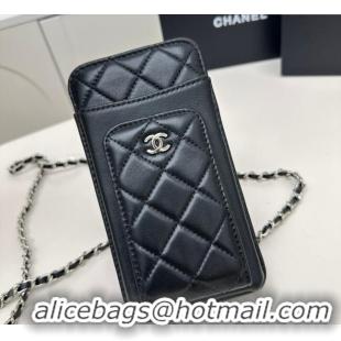 Best Price Chanel Lambskin Phone Holder with Chain AP0990 Black/Silver 2025