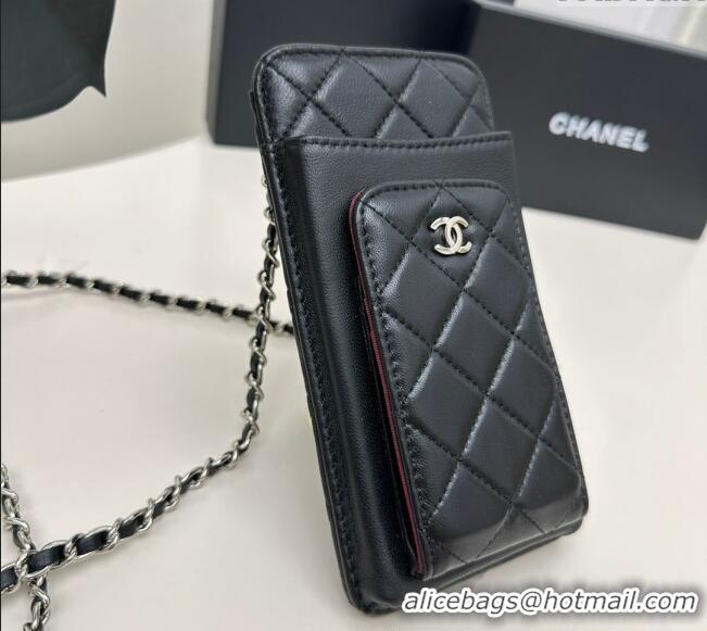 Best Price Chanel Lambskin Phone Holder with Chain AP0990 Black/Silver 2025