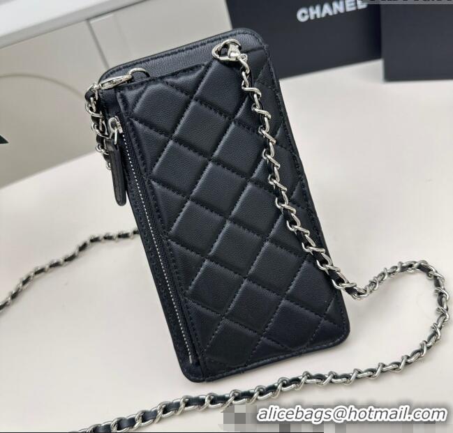 Best Price Chanel Lambskin Phone Holder with Chain AP0990 Black/Silver 2025