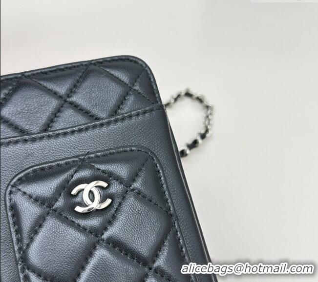 Best Price Chanel Lambskin Phone Holder with Chain AP0990 Black/Silver 2025