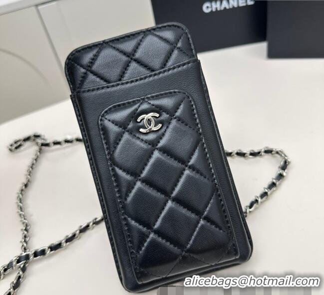 Best Price Chanel Lambskin Phone Holder with Chain AP0990 Black/Silver 2025