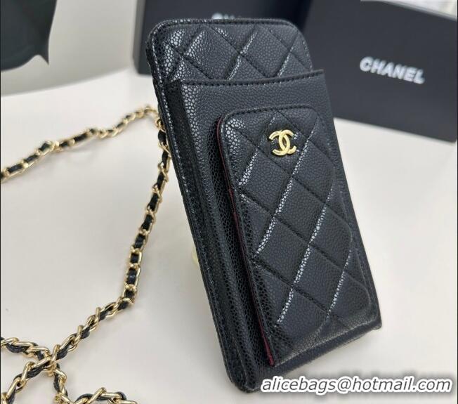 Promotional Chanel Grained Calfskin Phone Holder with Chain AP0990 Black/Gold 2025