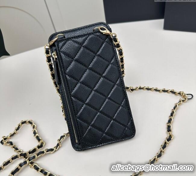 Promotional Chanel Grained Calfskin Phone Holder with Chain AP0990 Black/Gold 2025