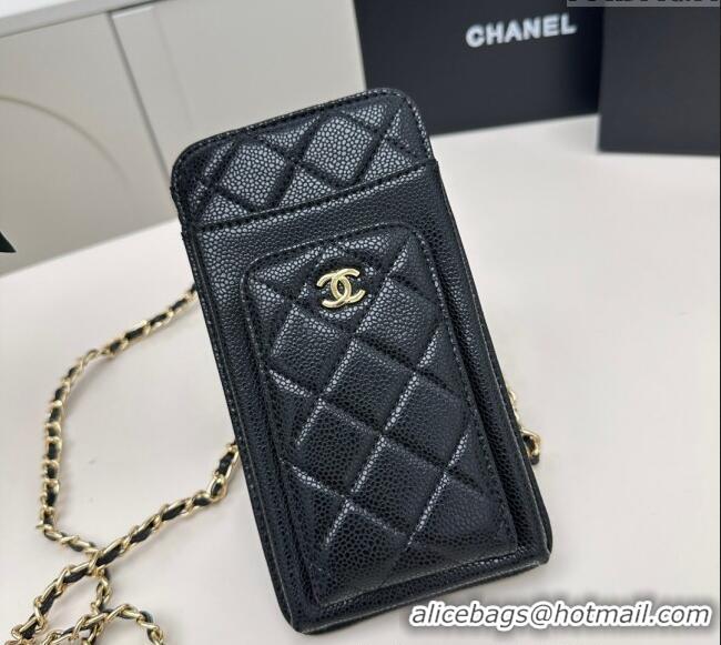 Promotional Chanel Grained Calfskin Phone Holder with Chain AP0990 Black/Gold 2025