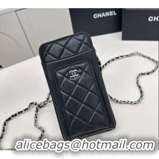 New Fashion Chanel Grained Calfskin Phone Holder with Chain AP0990 Black/Silver 2025