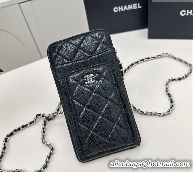 New Fashion Chanel Grained Calfskin Phone Holder with Chain AP0990 Black/Silver 2025