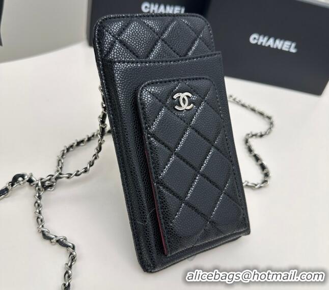 New Fashion Chanel Grained Calfskin Phone Holder with Chain AP0990 Black/Silver 2025