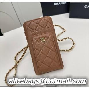 Famous Brand Chanel Grained Calfskin Phone Holder with Chain AP0990 Brown 2025