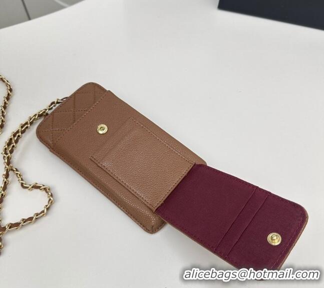 Famous Brand Chanel Grained Calfskin Phone Holder with Chain AP0990 Brown 2025