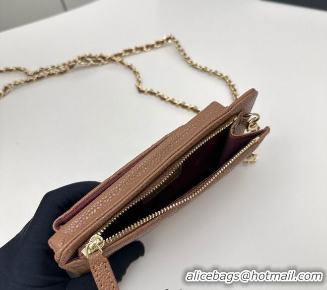 Famous Brand Chanel Grained Calfskin Phone Holder with Chain AP0990 Brown 2025