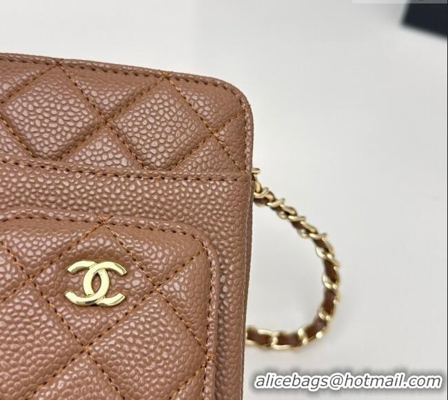 Famous Brand Chanel Grained Calfskin Phone Holder with Chain AP0990 Brown 2025