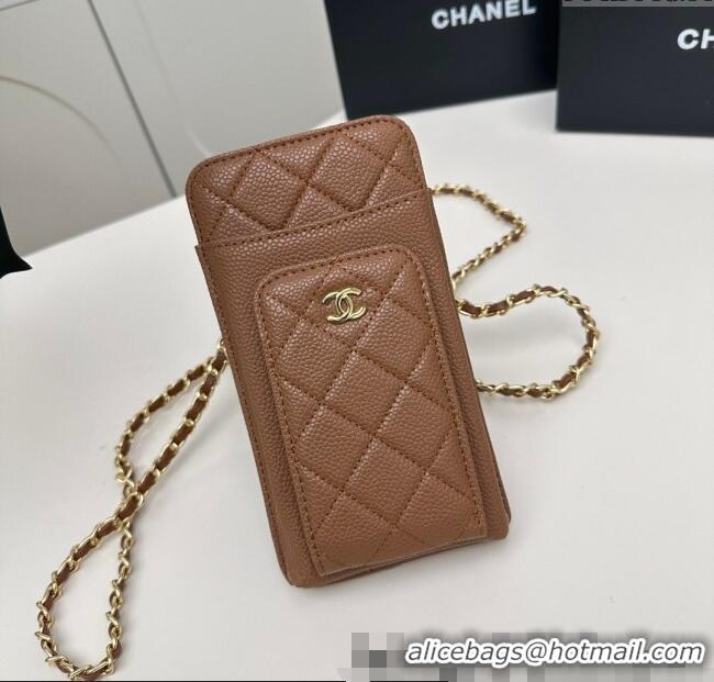 Famous Brand Chanel Grained Calfskin Phone Holder with Chain AP0990 Brown 2025