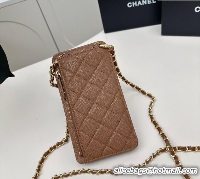 Famous Brand Chanel Grained Calfskin Phone Holder with Chain AP0990 Brown 2025