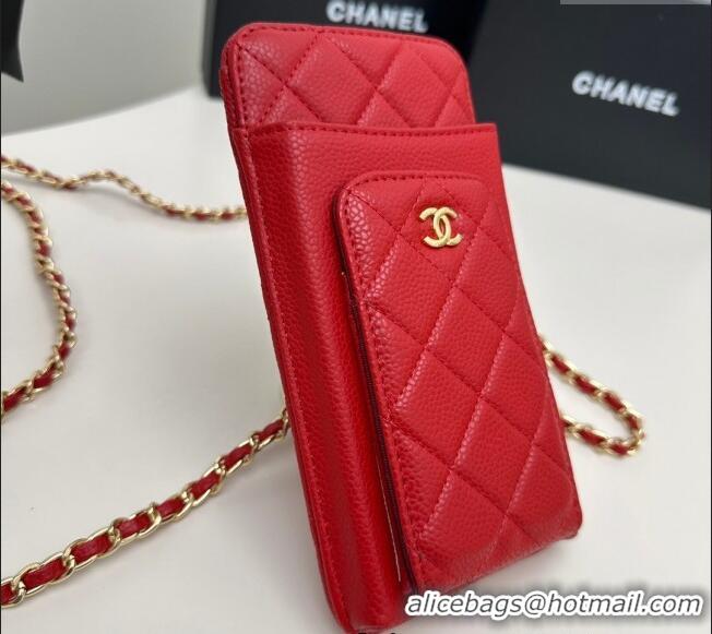 Best Product Chanel Grained Calfskin Phone Holder with Chain AP0990 Red 2025