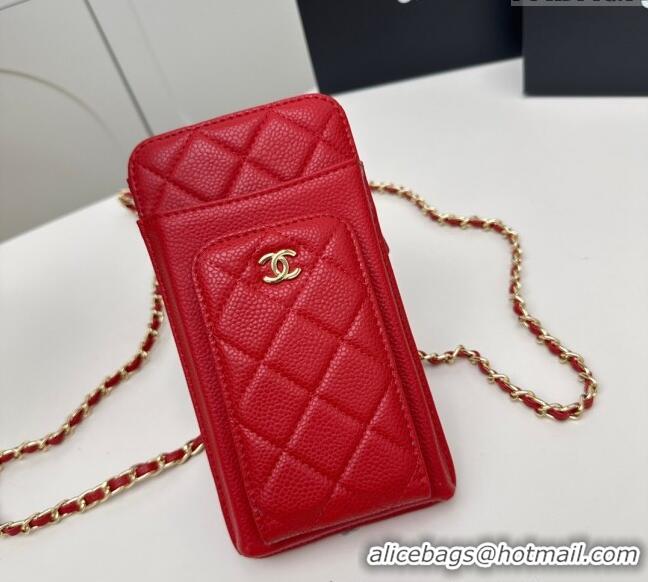 Best Product Chanel Grained Calfskin Phone Holder with Chain AP0990 Red 2025