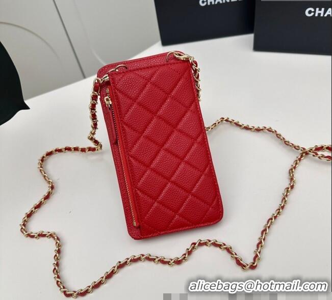 Best Product Chanel Grained Calfskin Phone Holder with Chain AP0990 Red 2025