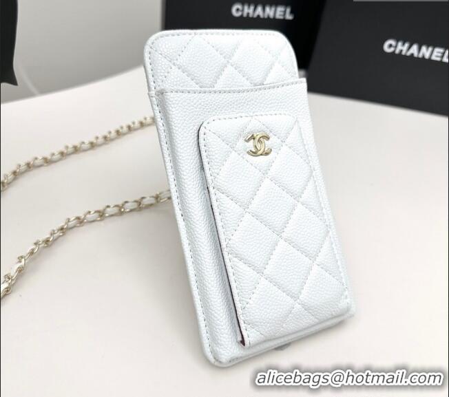 Famous Brand Chanel Grained Calfskin Phone Holder with Chain AP0990 White 2025