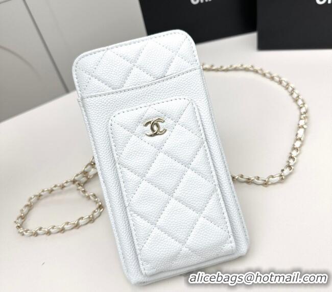 Famous Brand Chanel Grained Calfskin Phone Holder with Chain AP0990 White 2025