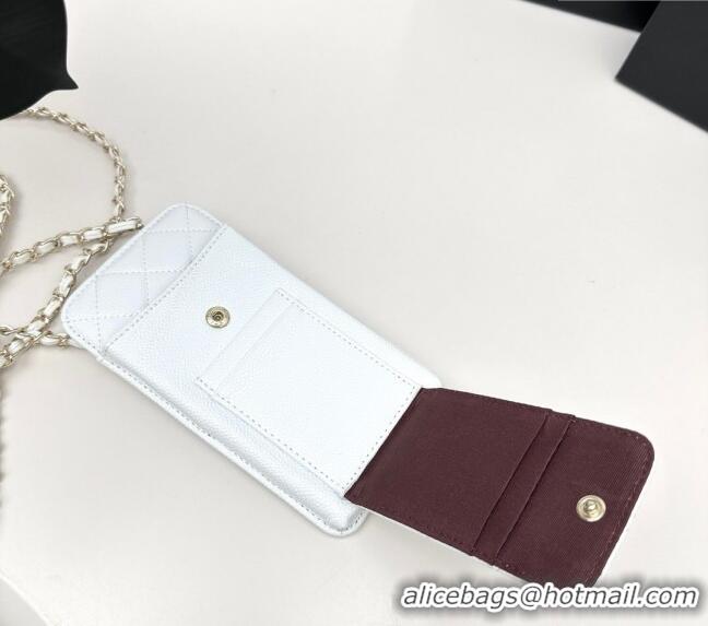 Famous Brand Chanel Grained Calfskin Phone Holder with Chain AP0990 White 2025