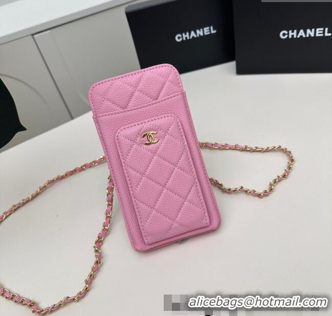 Fashion Discount Chanel Grained Calfskin Phone Holder with Chain AP0990 Pink 2025