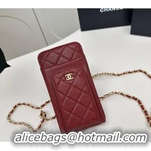 Good Product Chanel Grained Calfskin Phone Holder with Chain AP0990 Dark Burgundy 2025