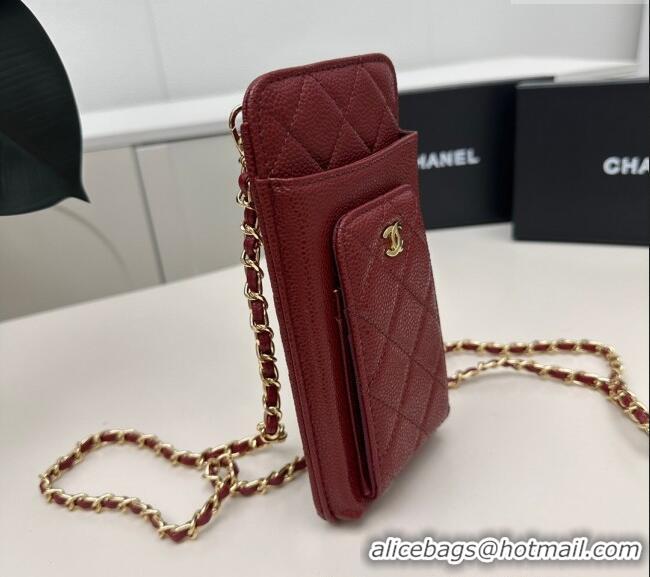 Good Product Chanel Grained Calfskin Phone Holder with Chain AP0990 Dark Burgundy 2025