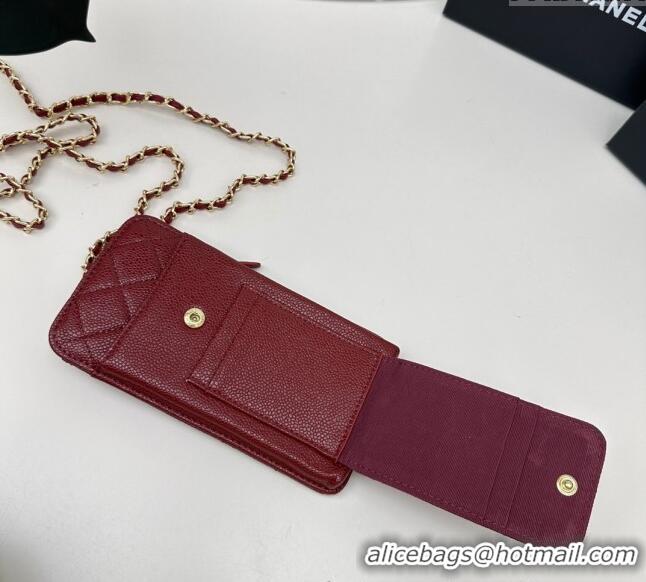 Good Product Chanel Grained Calfskin Phone Holder with Chain AP0990 Dark Burgundy 2025