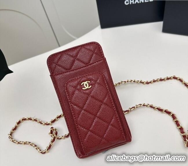 Good Product Chanel Grained Calfskin Phone Holder with Chain AP0990 Dark Burgundy 2025