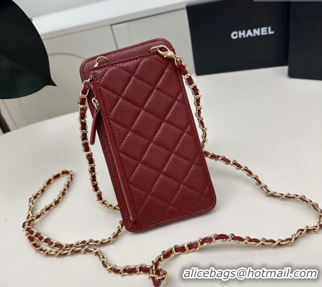 Good Product Chanel Grained Calfskin Phone Holder with Chain AP0990 Dark Burgundy 2025