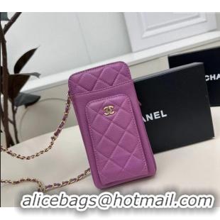 Trendy Design Chanel Grained Calfskin Phone Holder with Chain AP0990 Dark Purple 2025