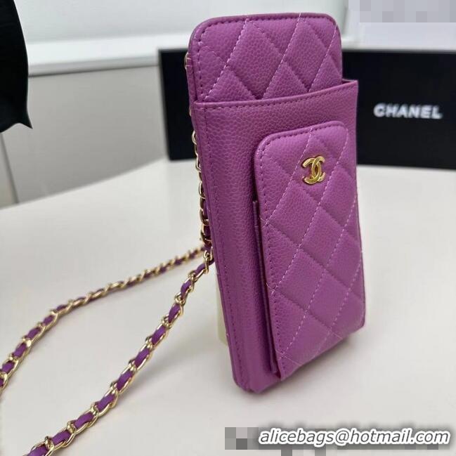 Trendy Design Chanel Grained Calfskin Phone Holder with Chain AP0990 Dark Purple 2025