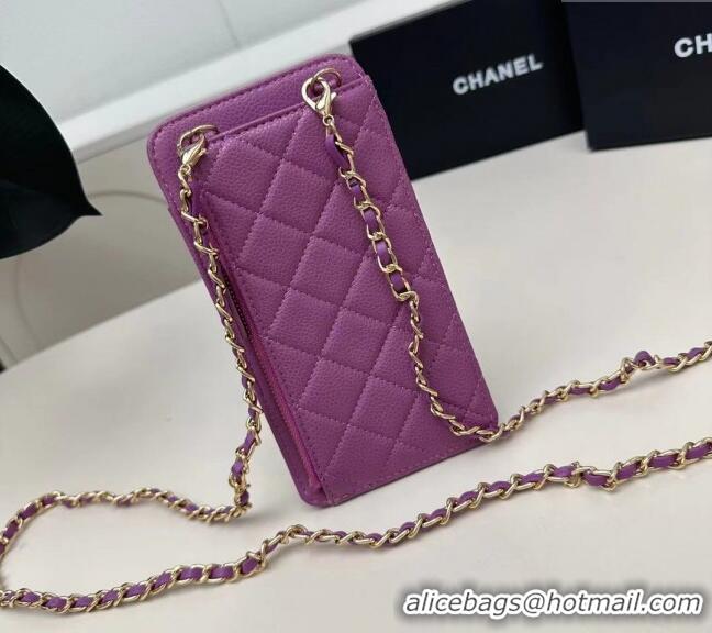 Trendy Design Chanel Grained Calfskin Phone Holder with Chain AP0990 Dark Purple 2025