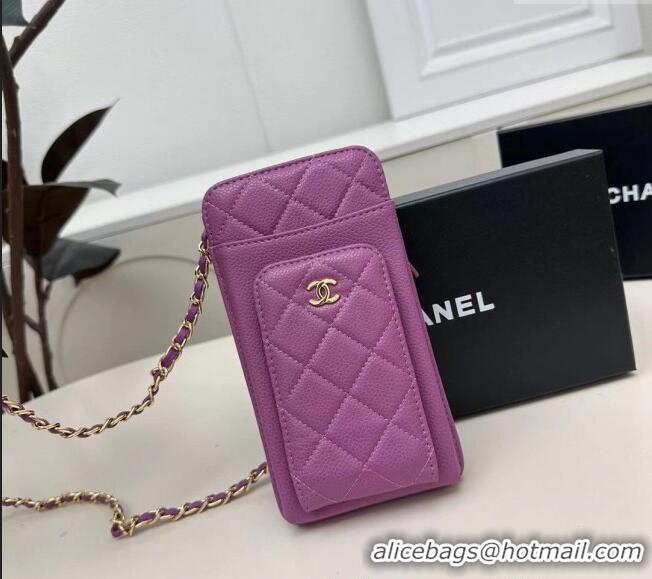 Trendy Design Chanel Grained Calfskin Phone Holder with Chain AP0990 Dark Purple 2025