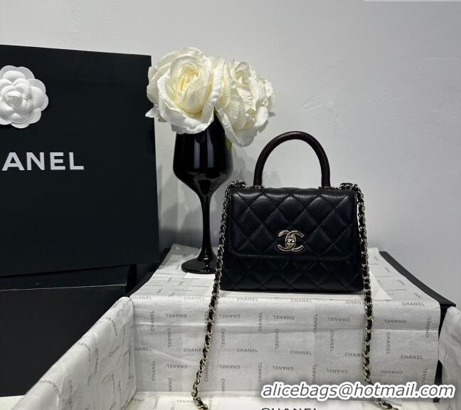 Low Cost Chanel Coco Handle Quilted Grained Calfskin Nano Flap Bag with Top Handle AP4424 Black/Burgundy 2025